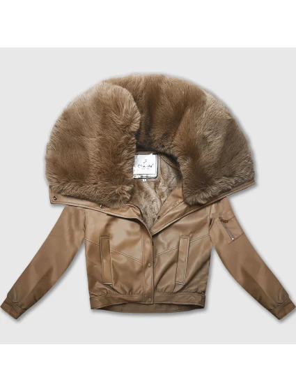 Kožená bunda ve velbloudí barvě s velkým kožešinovým límcem Glakate (LU98090#) Kožená bunda ve velbloudí barvě s velkým kožešinovým límcem Glakate (LU98090#)