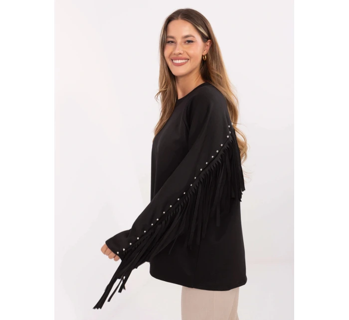 Černá volná dámská mikina s třásněmi (21695) Černá volná dámská mikina s třásněmi (21695)