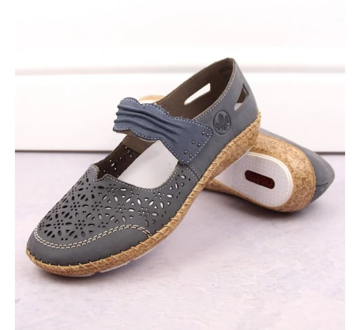 W model 19554666 modré kožené polobotky s ažurovým vzorem - Rieker W model 19554666 modré kožené polobotky s ažurovým vzorem - Rieker