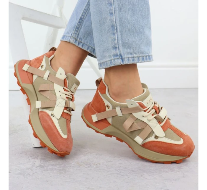 Dámské kožené tenisky béžové a oranžové Goe RR2N4064 Dámské kožené tenisky béžové a oranžové Goe RR2N4064