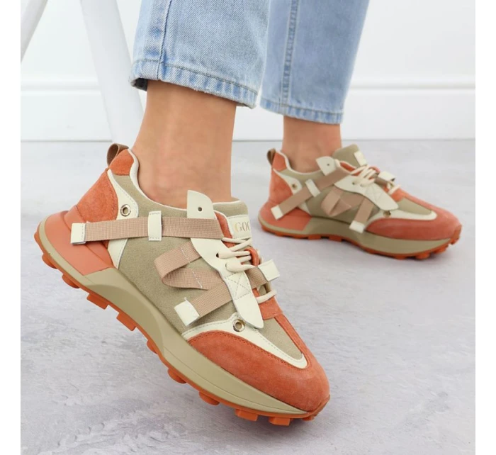 Dámské kožené tenisky béžové a oranžové Goe RR2N4064 Dámské kožené tenisky béžové a oranžové Goe RR2N4064