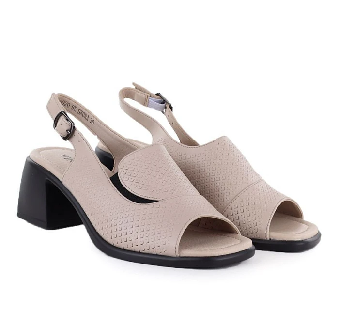 Dámské kožené sandály na podpatku béžové barvy Vinceza 26-66920 Dámské kožené sandály na podpatku béžové barvy Vinceza 26-66920