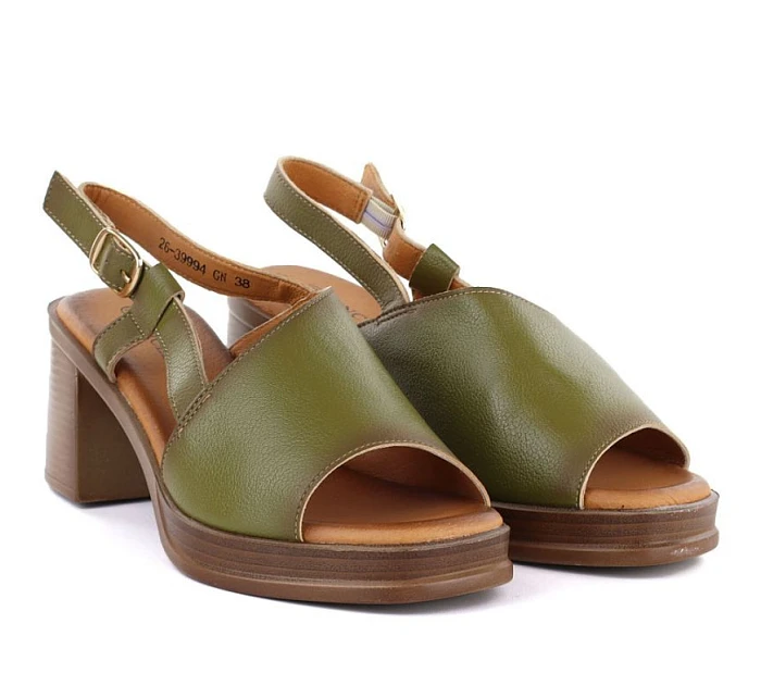 Dámské kožené sandály na podpatku zelené Vinceza 26-39994 Dámské kožené sandály na podpatku zelené Vinceza 26-39994