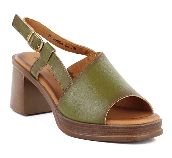 Dámské kožené sandály na podpatku zelené Vinceza 26-39994 Dámské kožené sandály na podpatku zelené Vinceza 26-39994