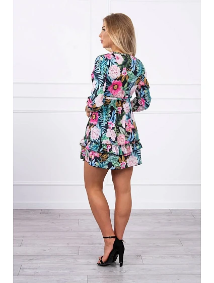 Květinové šaty s vázáním v pase černé