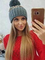 Dámská čepice Ellen s bambulí K325 tmavě šedá+žlutá