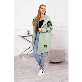 Pláštěnka světle mátové barvy s nápisy