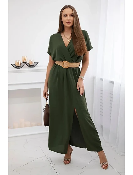 Dlouhé šaty s ozdobným páskem khaki barvy