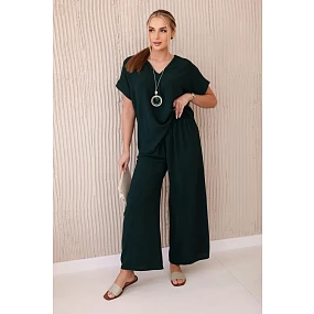 Komplet s náhrdelníkem halenka + kalhoty tmavě zelená