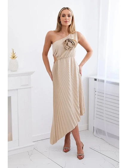Plisované šaty s květinou světle béžová
