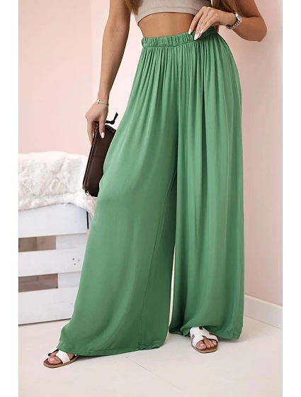 Široké dámské kalhoty s elastickým pasem zelený