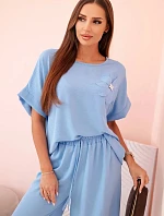 Dámský komplet z viskózy s ozdobným květem a širokými kalhotami - modrý