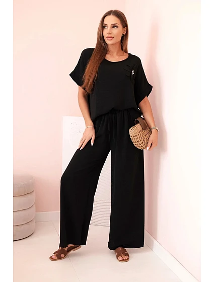 Dámský komplet z viskózy s ozdobným květem a širokými kalhotami - fuchsie černý