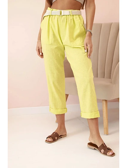 Dámské model 21035585 kalhoty s bavlnou a páskem kiwi - K-Fashion