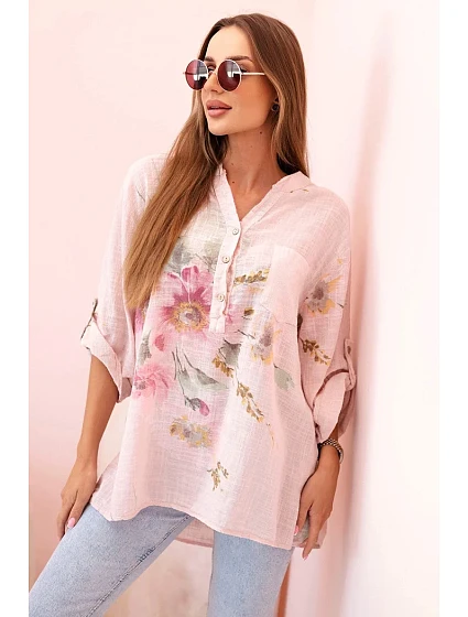 Dámská blůza z bavlny s květinovým vzorem a knoflíky pudrově růžová