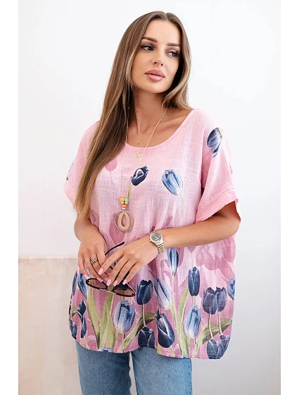 Dámská bavlněná košile s květinovým vzorem světle růžová