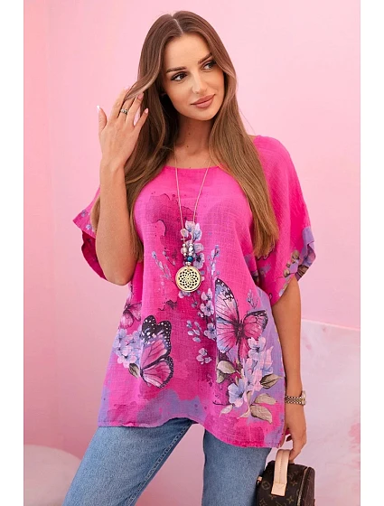 Dámská bavlněná košile s model 22188229 a květinami růžový - K-Fashion