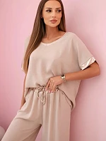 Viskózový komplet se zlatým lemováním tmavě béžová