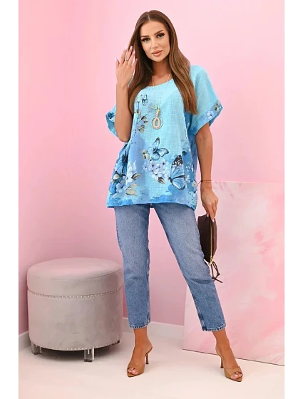 Dámská bavlněná košile s model 22188235 a květinami tyrkys - K-Fashion Dámská bavlněná košile s model 22188235 a květinami tyrkys - K-Fashion
