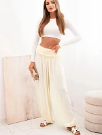 Dámské viskózové kalhoty s širokými nohavicemi a volánky žlutý