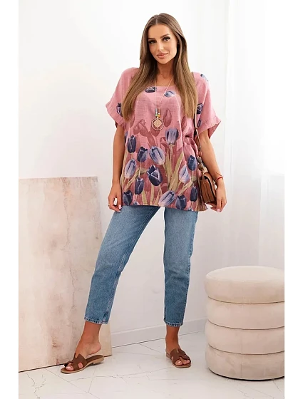 Dámská bavlněná košile s květinovým vzorem tmavě růžová