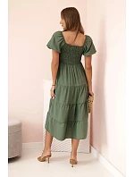 Dámské viskózové šaty s nabíranými rukávy a volánkovým topem khaki