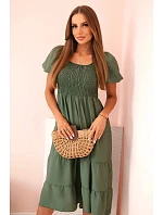 Dámské viskózové šaty s nabíranými rukávy a volánkovým topem khaki