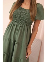 Dámské viskózové šaty s nabíranými rukávy a volánkovým topem khaki