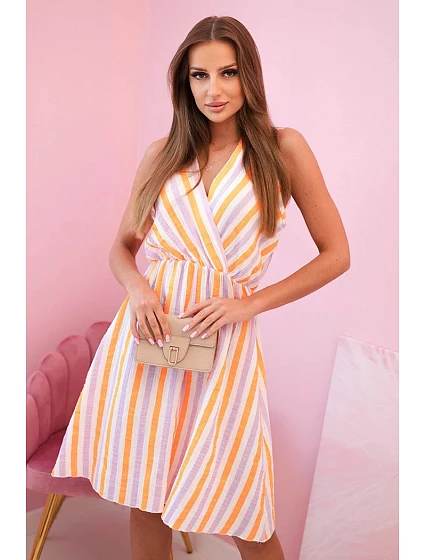 Dámské bavlněné šaty s barevnými pruhy v neonově oranžové barvě