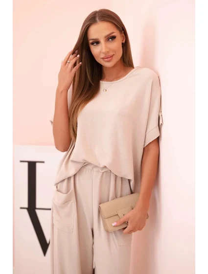 Komplet z viskózy halenka + kalhoty tmavě béžový Komplet z viskózy halenka + kalhoty tmavě béžový