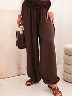 Dámské viskózové kalhoty s širokými nohavicemi a volánky hnědý