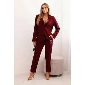 Dámský komplet s viskózou s ozdobami a model 21327496 kalhotami bordový - K-Fashion