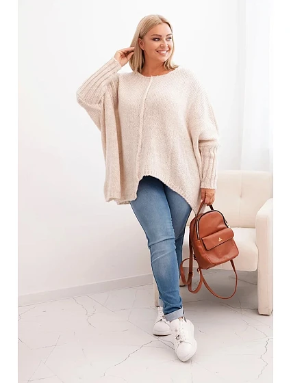 Dámský svetr Plus Size z model 21259040 volného střihu s rukávem 3/4 béžový - K-Fashion