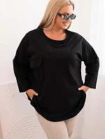 Dámská blůza Plus Size s bavlnou, s kapsou a ohrnutým rukávem černá