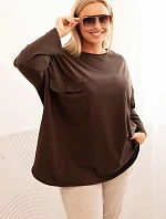 Dámská blůza Plus Size s bavlnou, kapsou a ohrnovacími rukávy hnědá