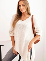 Dámský asymetrický svetr z vlny Plus Size s V výstřihem světlá béžová