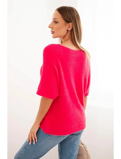 Dámský svetr z měkkého model 21327526 materiálu s V výstřihem krátký rukáv růžový - K-Fashion