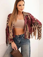 Dámská semišová bunda s třásněmi v leopardím vzoru bordová