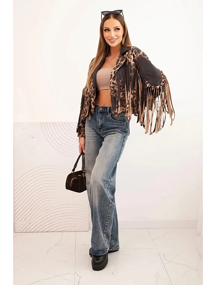 Dámská semišová bunda s leopardím vzorem a třásněmi černá