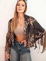 Dámská semišová bunda s leopardím vzorem a třásněmi černá