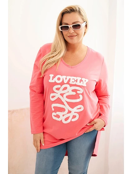 Dámská blůza Plus Size bavlněná s nápisem a výstřihem do V růžová