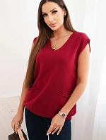 Dámský viskózový svetr bez rukávů s kapsami a V výstřihem bordový