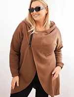 Dámská mikina Plus Size zateplená s kapucí a asymetrickým zipem hnědá