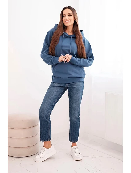 Dámská mikina s kapucí a klokaní kapsou z bavlny džínová modrá