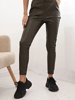 Dámské kalhoty z ekokůže s kapsami a šněrováním v pase khaki