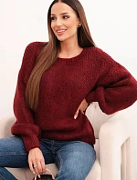 Svetr dámský s hrubým pletem z vlny a dlouhým rukávem bordó