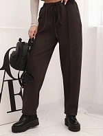 Elegantní dámské kalhoty s vysokým pasem a šněrováním v pase hnědé