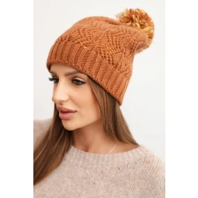 Dámská zimní čepice s vlnou ve zdobném pletení s bambulí K467 hnědá