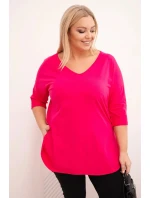 Dámská bavlněná blůza Plus Size s výstřihem do V a ohrnutým rukávem fuchsie Dámská bavlněná blůza Plus Size s výstřihem do V a ohrnutým rukávem fuchsie