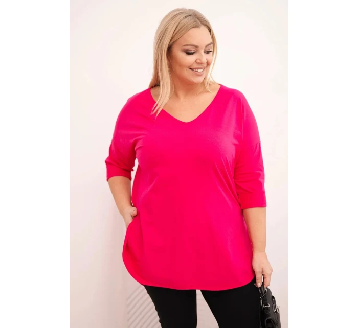 Dámská bavlněná blůza Plus Size s výstřihem do V a ohrnutým rukávem fuchsie Dámská bavlněná blůza Plus Size s výstřihem do V a ohrnutým rukávem fuchsie